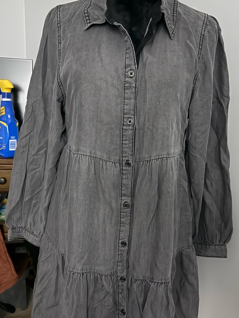 Serra Washed Gray Button-Tier Midi Dress